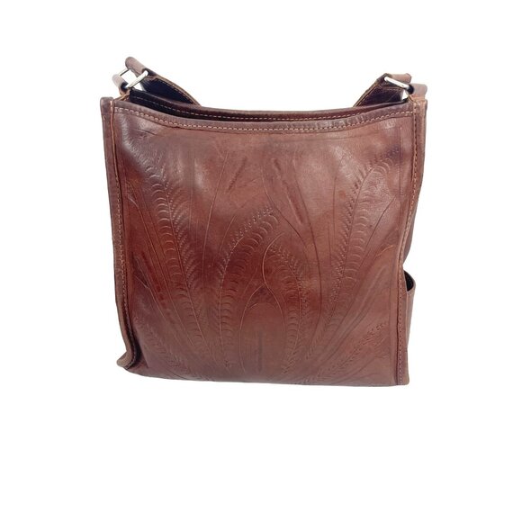 Handcrafted Brown White  Hand Tooled Leather Shoulder Bag Vintage - Picture 11 of 14